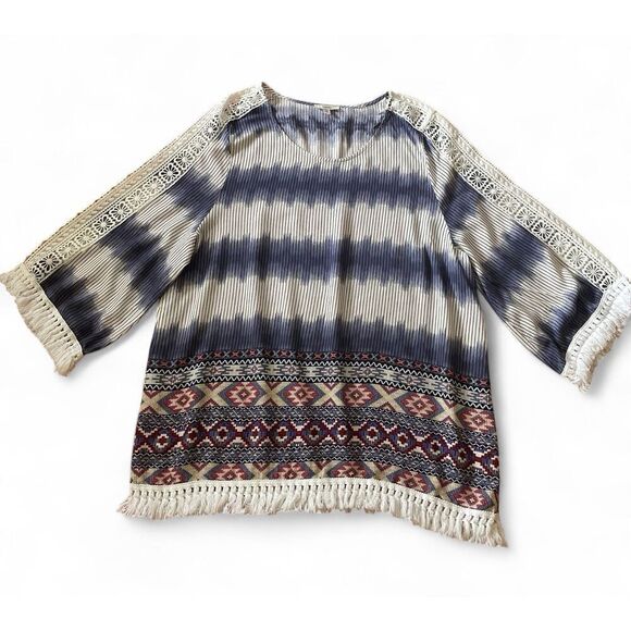 JODIFL Women’ Medium Blouse Boho Tassels Blue/ White Hippy Loose Fringe Bohemian - Picture 8 of 11